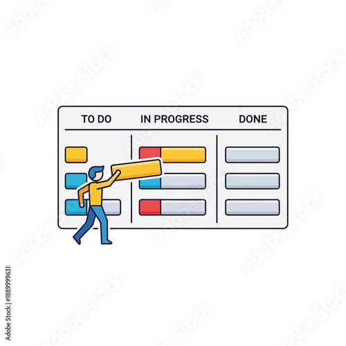 Stylized illustration of a person moving a task card on a Kanban board, depicting agile project management workflow.