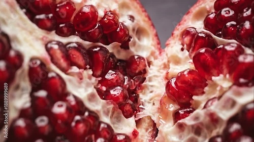 Macro shot of a ripe pomegranate cut in half showing red seeds. Close-up panning view of fresh juicy arils and white membrane. Healthy nutrition and antioxidant food concept