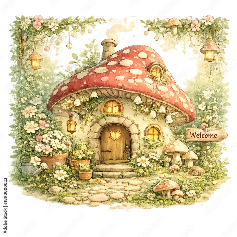 Fototapeta premium Whimsical mushroom cottage in a garden