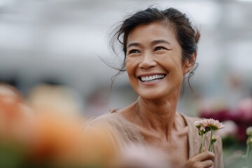Mature asian woman smiling authentically while enjoying fresh pink flowers outdoors