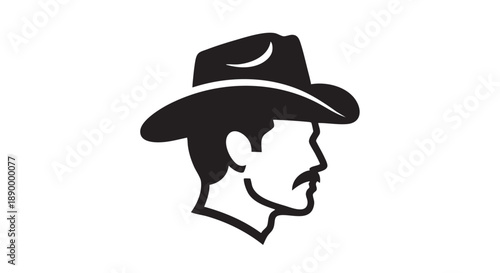 A man wearing a cowboy hat is depicted in a simple black and white illustration from a side viewpoint