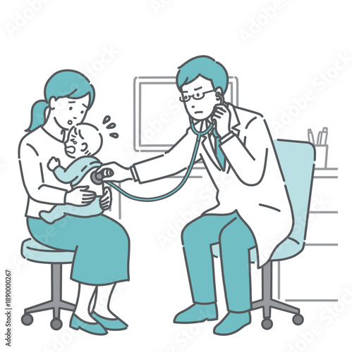 泣いている赤ちゃんの背中を聴診する深刻な表情の白衣の男性医師のイラスト