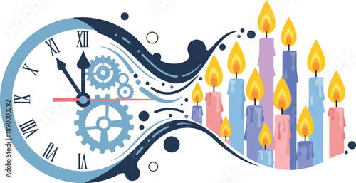 Candle clock with colorful lit candles and Roman numerals on a white background