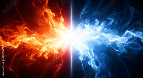 Fire and ice energy collision with red and blue flames meeting at center, powerful contrast of heat and cold, elemental battle concept, dramatic abstract background and cosmic force theme