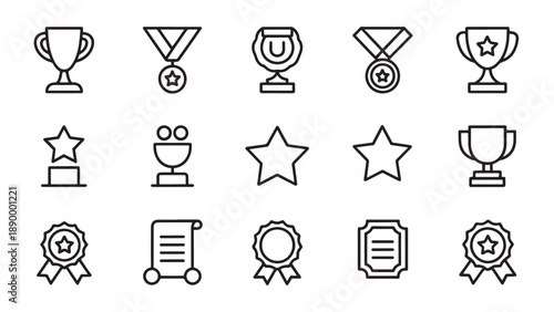 "Line-style icons of awards and recognition symbols arranged in grid layout"