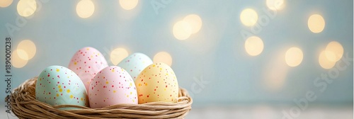 Colorful Easter Egg Ornaments in Wicker Basket Surrounded by Bokeh Lights and Spring Flowers