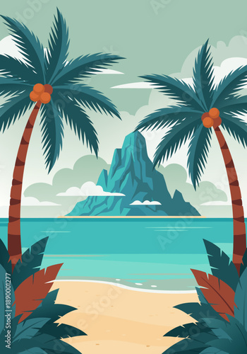 Tropical Island Paradise Vector Illustration with Palm Trees and Sandy Beach, a Serene Coastal Scene