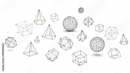 Collection of 3d geometric shapes and spheres in wireframe style on white