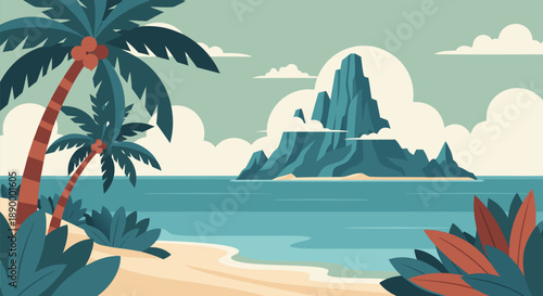 Vibrant vector illustration of a tropical island paradise with palm trees and a sandy beach, perfect for travel and nature themes