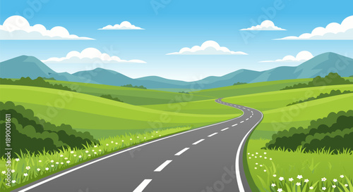 Scenic country road winding through green hills and meadows under a cloudy blue sky, vector illustration