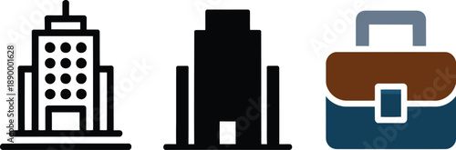 City buildings and briefcase icons in flat design style for business concepts