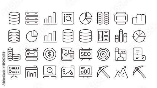 "Line-style icons of data analytics and marketing tools arranged in grid layout"