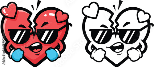 Funny broken heart character wearing sunglasses mascot set