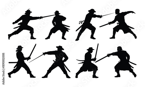 Pirate sword duel silhouettes collection, fencing action poses, black vector illustration, isolated white background, adventure combat warriors set