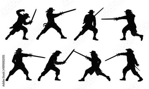 Pirate sword fighting silhouettes collection, action poses, black vector illustration, isolated white background, adventure combat characters design set