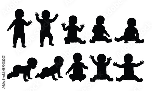 Baby silhouette activity poses collection, crawling sitting standing infant movements vector illustration isolated black child development stages set