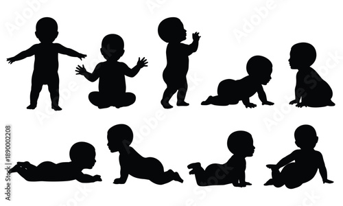 Baby silhouette poses collection, crawling sitting standing infant vector illustration isolated black child figures nursery design set bundle