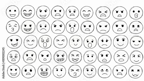 Collection of hand drawn emoticon faces expressing diverse emotions