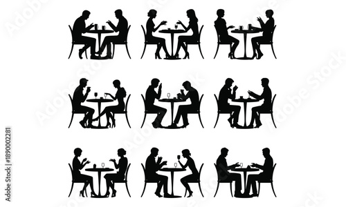 Couple cafe silhouettes collection, romantic dining people vector illustration isolated, restaurant date characters set, conversation lifestyle black design