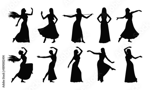 Female dancer silhouettes collection, elegant ballet poses, black vector performers, isolated artistic choreography movement illustration design set bundle