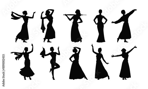 Female dancer silhouettes collection, elegant classical ballet poses, black vector performers, isolated artistic choreography movement illustration design set