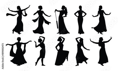 Dancer silhouettes collection, elegant female ballet poses, black vector performers, isolated artistic movement choreography illustration design set