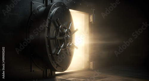 Open Heavy Steel Bank Vault Door with Bright Rays of Light and Fog Emitting from the Safe Room