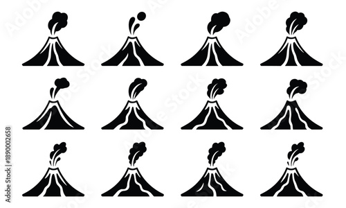 Volcano silhouettes collection, erupting mountain icons, black vector geology symbols, isolated natural disaster illustration design set