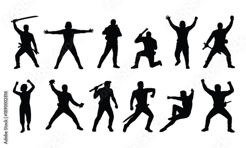 Action hero silhouettes collection, fighting warrior poses, black vector characters, isolated dynamic combat stances, martial arts illustration design