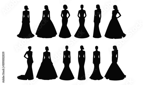 Elegant female gown silhouettes collection fashion dress models black shadow figures isolated bridal couture vector illustration set bundle
