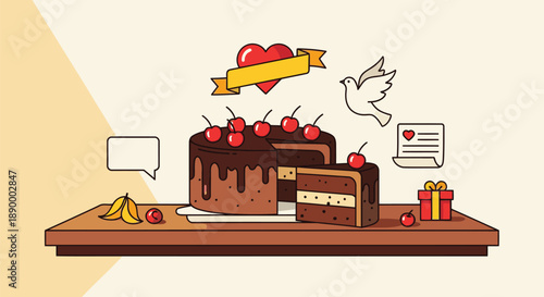 Chocolate cake with cherries and a slice cut out on a wooden table 