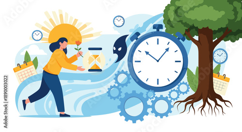 Woman efficiently manages her time with a flower and calendar in a vibrant scene