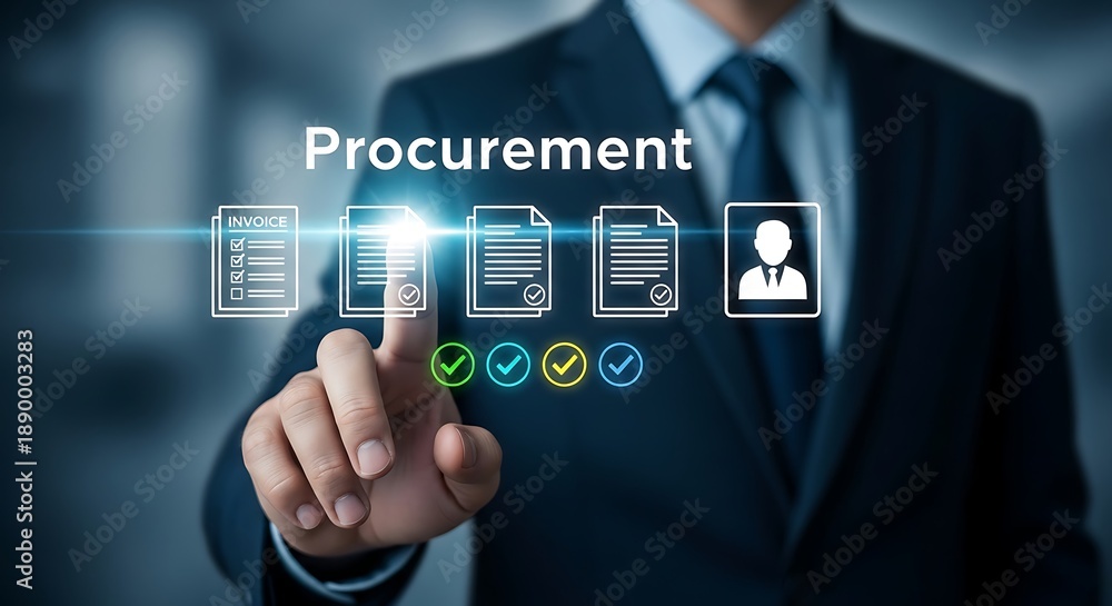 Fototapeta premium Businessman interacting with procurement documents and checklists on digital interface