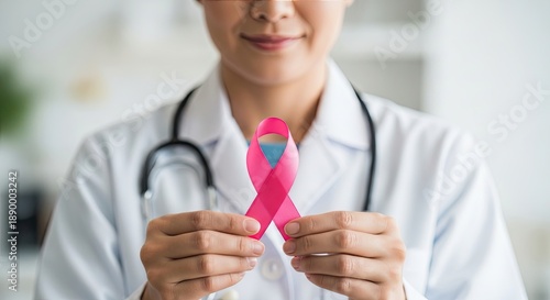 Healthcare professional holding pink ribbon symbolizing breast cancer awareness