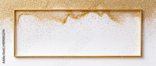 Elegant gold rectangular frame with glowing glitter on white background mockup