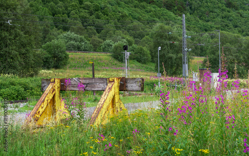 A buffer stop is seen in a field of tall grass and flowers in Norway. Tracks can be seen in the background along with trees and signaling equipment nearby