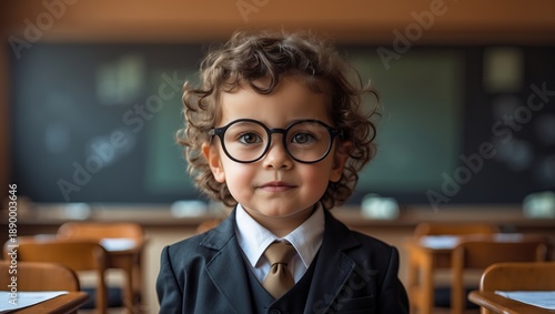 Little boy in glasses and business suit sitting at school desk — symbol of early education and intellectual potential, AI-generated