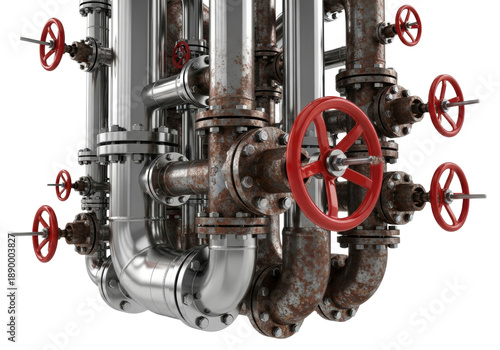 highly detailed 3d render of complex industrial piping infrastructure, contrasting polished chrome and deep rust, with red handwheel valves on a white background concept of industrial complexity and