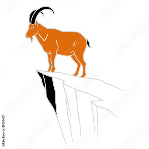 Vector art of an orange ibex standing on the edge of a cliff