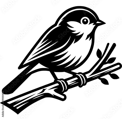 Delicate Bird on a Branch: A minimalist monochrome illustration of a bird perched on a branch, showcasing elegant lines and intricate details.