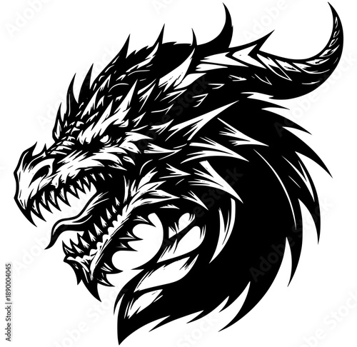 Dragon's Gaze: A fierce black and white illustration of a dragon's head, showcasing intricate details, a menacing gaze, and sharp teeth, conveying a sense of power and mystique.