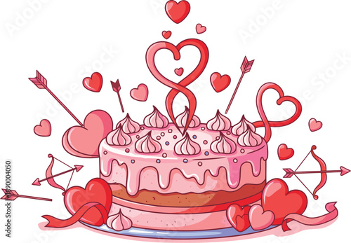 Cute cake decorated with hearts and arrows for Valentine's Day celebration