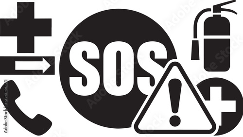 "Black and white emergency icons for safety and distress communication"