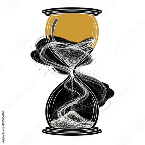 Vector art of an artistic representation of an hourglass with sand flowing and dissipating into smoke and dust, symbolizing the passage of time and its ephemeral nature