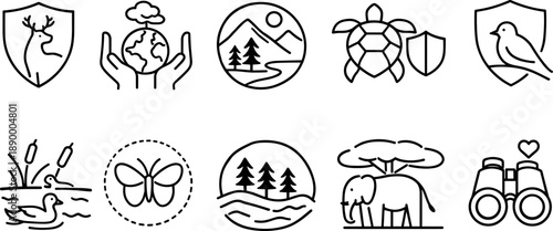 Set of black line icons representing wildlife conservation, biodiversity, nature protection, animal habitat, clean water, and renewable energy. Minimalist eco-themed outline icon set for environmental