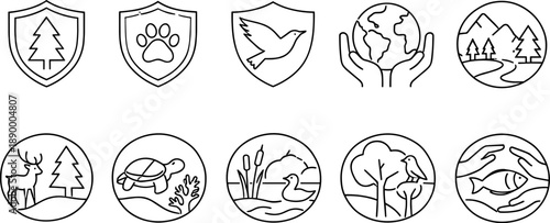 Set of black line icons representing wildlife conservation, biodiversity, nature protection, animal habitat, clean water, and renewable energy. Minimalist eco-themed outline icon set for environmental