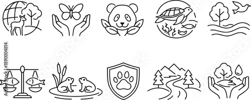 Set of black line icons representing wildlife conservation, biodiversity, nature protection, animal habitat, clean water, and renewable energy. Minimalist eco-themed outline icon set for environmental