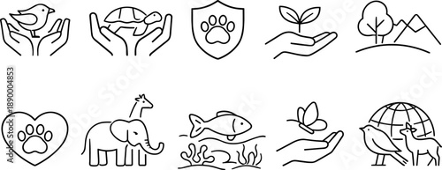 Set of black line icons representing wildlife conservation, biodiversity, nature protection, animal habitat, clean water, and renewable energy. Minimalist eco-themed outline icon set for environmental