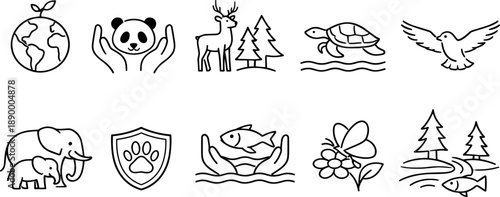 Set of black line icons representing wildlife conservation, biodiversity, nature protection, animal habitat, clean water, and renewable energy. Minimalist eco-themed outline icon set for environmental