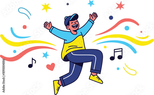 Man jumping with joy surrounded by colorful music notes and swirling lines